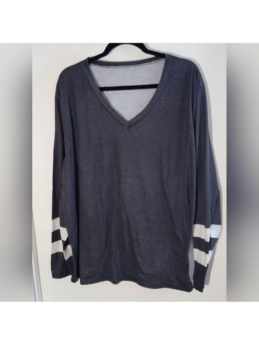 Charcoal V-Neck Long Sleeve Top with White Stripes - Fits Like 3X